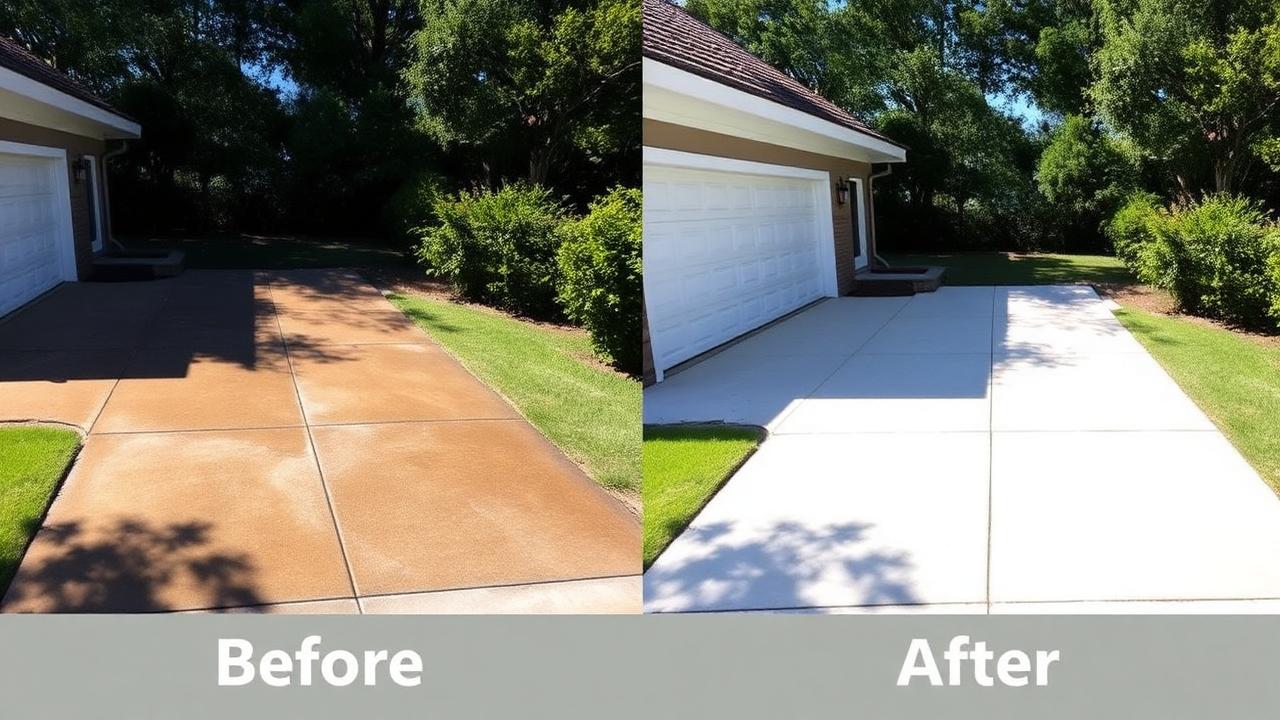 Before and after driveway pressure wash